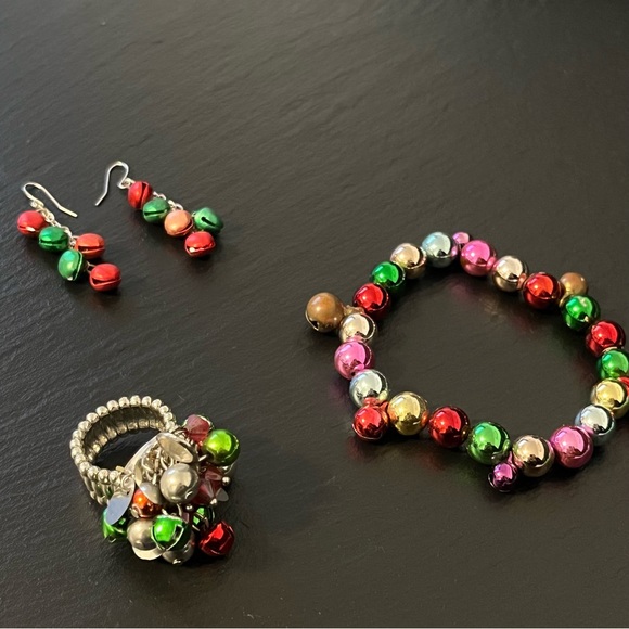 Christmas Holidays Multicolor Beaded Bells Set with Ring Earrings & Bracelet - Picture 9 of 14